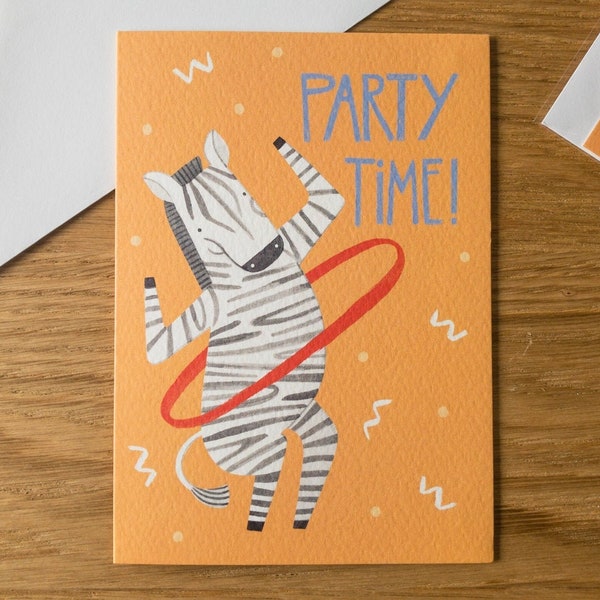 Dancing Zebra Birthday Card / Funny Animal Illustration / Kids Birthday Card / Hula Hoop Illustrated Card