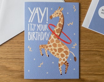 Giraffe Happy Birthday Card / Hula Hoop Dancing Animal Illustration / Yay! It's Your Birthday / Kids Birthday Card