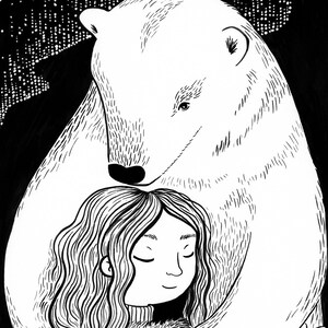 May include: A black and white illustration of a polar bear hugging a girl with long hair. The bear is large and the girl is small. The background is a starry night.
