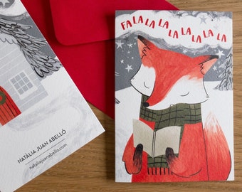 Fox Singing Carols Christmas Card / Woodland Animal Illustration / Fa la la la / Winter Holiday Scene
