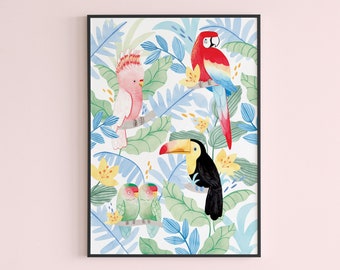 Tropical Birds Wall Art / Parrots Nursery Print / Nursery Wall Art / Toucan Illustration Print / Cockatoo, Toucan, Lovebirds and Macaw Print