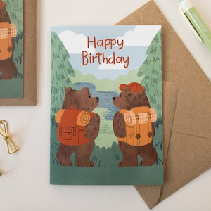 Wanderbären Geburtstagskarte / Tier Illustration / Outdoor Adventure Greetings Card
