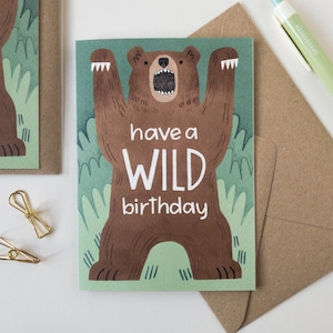 Wilde Braunbär Geburtstagskarte / Tier Illustration / Natur Abenteuer Grußkarte / Natur Grußkarte