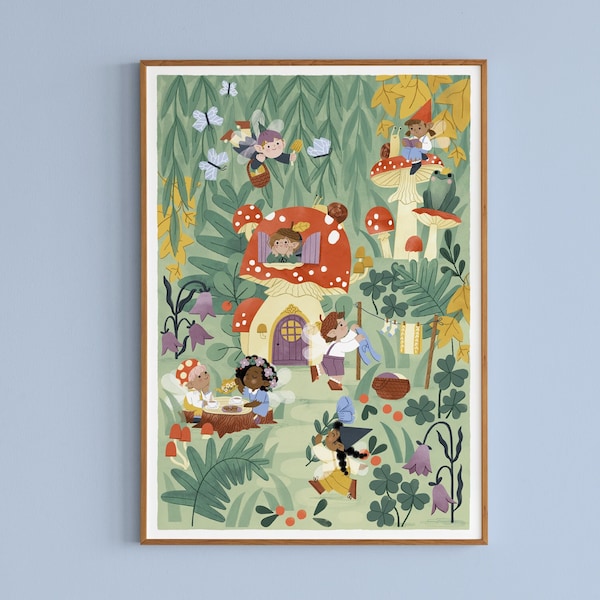 Mushroom Fairies Nursery Print / Fairy Village Art Print / Nursery Wall Art / Woodland Illustration / Fairycore Kids Bedroom