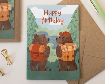 Hiking Bears Birthday Card / Animal Illustration / Outdoors Adventure Greetings Card