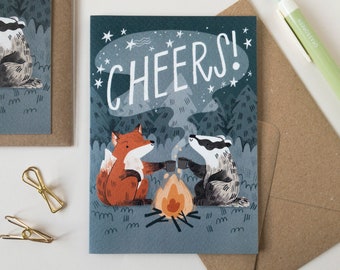 Animals Camping Birthday Card / Fox and Badger Illustration / Cheers! / Outdoors Adventure Celebration Card