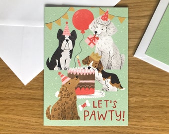 Dogs Birthday Card / Funny Dogs Illustration / Let's Pawty! / Beagle, French Bulldog, Poodle and Cocker Spaniel