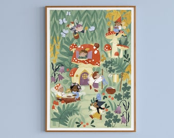 Mushroom Fairies Nursery Print / Fairy Village Art Print / Nursery Wall Art / Woodland Illustration / Fairycore Kids Bedroom