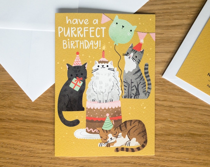 : bhiosng happy birthday card for cat lover, funny... Cats Birthday Card / Funny Cats Illustration / Cute Birthday Card ...