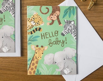 Baby Karte / Tier Illustration / Dschungel New Born Karte / Hello Baby!
