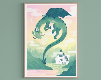 Dragon and Castle Nursery Print / Fantasy Art Print / Nursery Wall Art / Fairytale Illustration / Kids Bedroom Decor