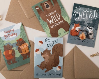 Adventure Birthday Card Pack / Bear, Fox, Badger and Squirrel Birthday Cards / Set of 4 outdoor cards / Woodland Animal Illustrated Cards