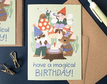 Gnome and Fairy Birthday Card / Mushroom Forest and Animals Illustration / Have a Magical Birthday / Fairytale Card for Kids