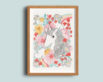 Rainbow Unicorn Nursery Print / Floral Unicorn Art Print / Nursery Wall Art / Unicorn Illustration Print / Baby Shower Gift
