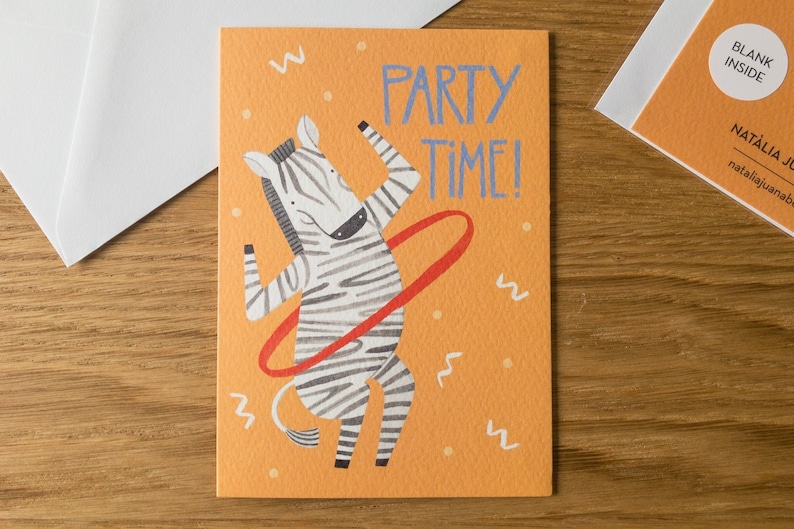 Dancing Zebra Birthday Card / Funny Animal Illustration / Kids Birthday Card / Hula Hoop Illustrated Card image 1