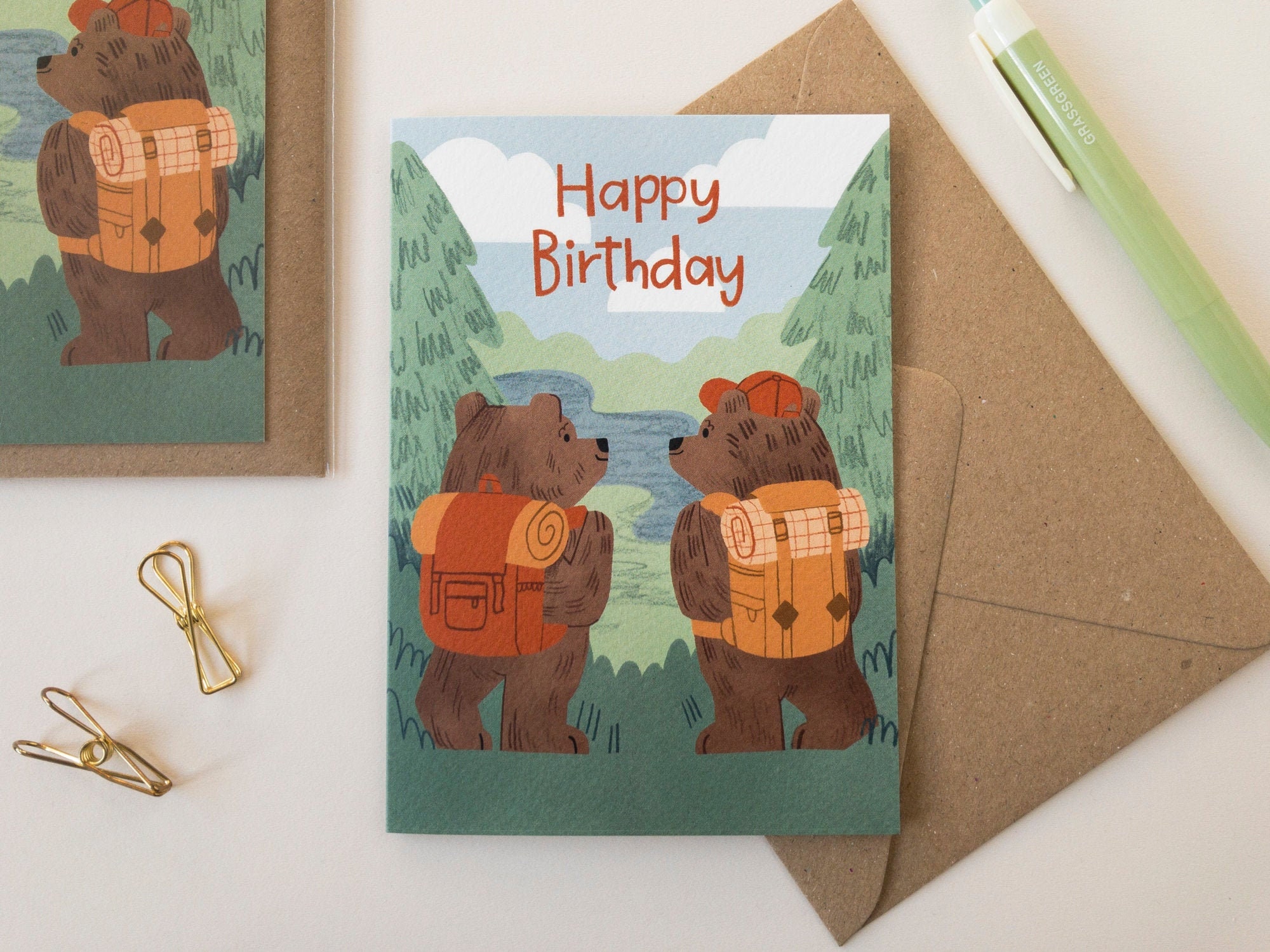 Wanderbären Geburtstagskarte / Tier Illustration / Outdoor Adventure Greetings Card