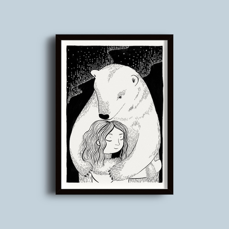 May include: Black and white illustration of a polar bear hugging a girl. The bear is large and the girl is small. The background is a starry night.