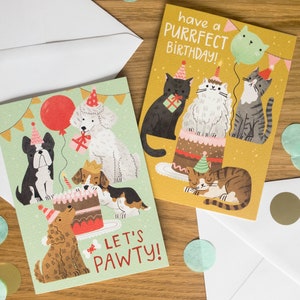 May include: Two birthday cards featuring adorable animals. The first card has a green background with a poodle, a bulldog, a beagle, and a golden retriever celebrating with a cake and a red balloon. The text reads "Let's Pawty!" The second card has a yellow background with three cats wearing party hats and a green balloon. The text reads "Have a Purrfect Birthday!"