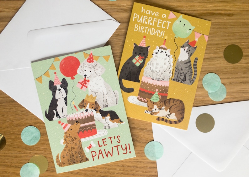May include: Two birthday cards featuring adorable animals. The first card has a green background with a poodle, a bulldog, a beagle, and a golden retriever celebrating with a cake and a red balloon. The text reads "Let's Pawty!" The second card has a yellow background with three cats wearing party hats and a green balloon. The text reads "Have a Purrfect Birthday!"