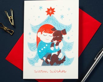 Dog Hug Risograph Christmas Card