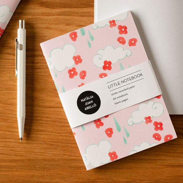 Clouds and Flowers Pocket Notebook / Pink Patterned Notebook / Cute Stationery Gift