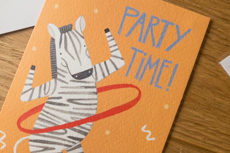 Dancing Zebra Birthday Card / Funny Animal Illustration / Kids Birthday Card / Hula Hoop Illustrated Card image 2