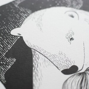 May include: Black and white illustration of a polar bear's face with a detailed drawing of fur and a flower in its mouth.