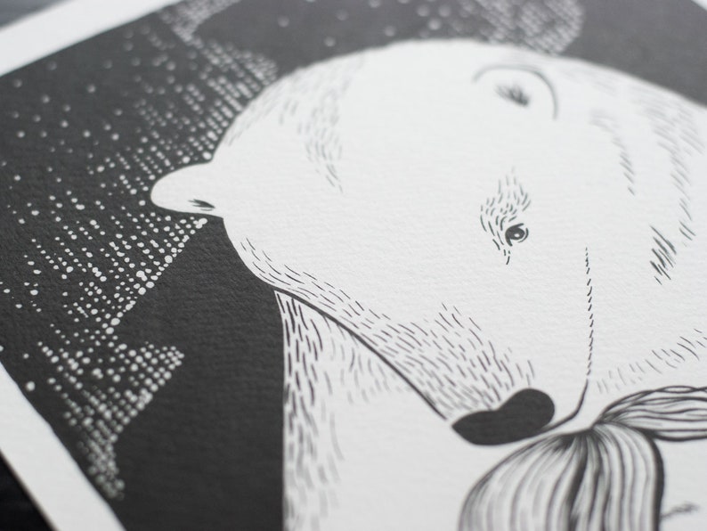 May include: Black and white illustration of a polar bear's face with a detailed drawing of fur and a flower in its mouth.