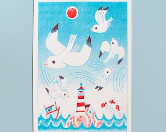 Lighthouse & Seagulls A4 Risograph Print