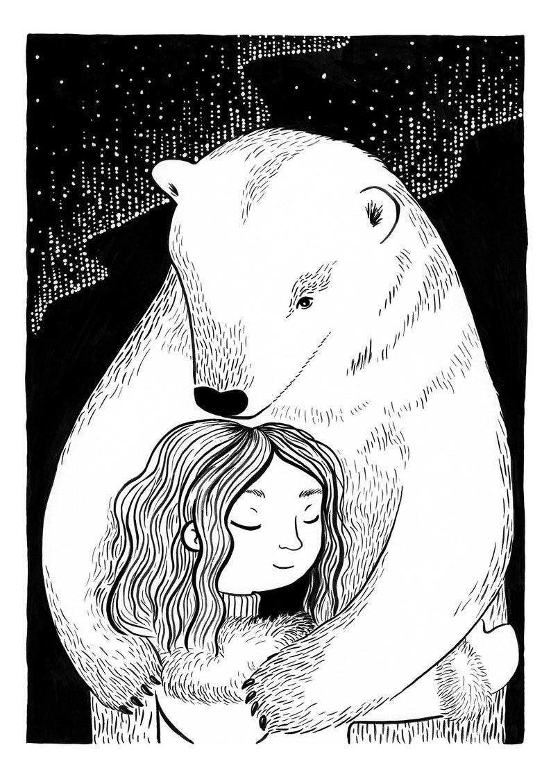 May include: A black and white illustration of a polar bear hugging a girl with long hair. The bear is large and the girl is small. The background is a starry night.