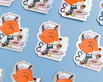 Fox Cooking Holographic Sticker / Chef Gift /  Foodie Sticker / Cute Animal Sticker / Illustration Vinyl Sticker