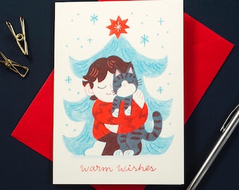 Cat Hug Risograph Christmas Card
