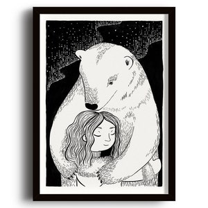 May include: Black and white illustration of a polar bear hugging a girl. The bear is large and the girl is small. The background is a starry night sky.