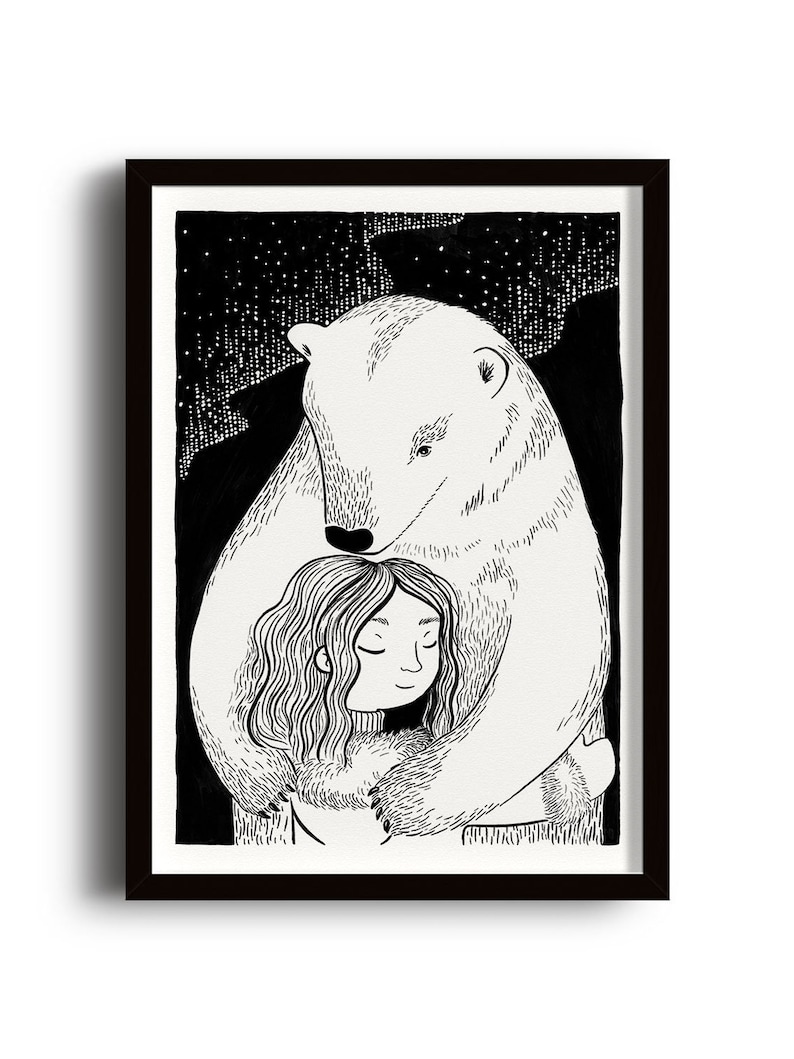 May include: Black and white illustration of a polar bear hugging a girl. The bear is large and the girl is small. The background is a starry night sky.