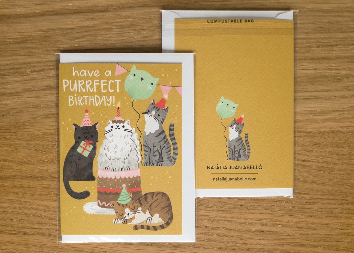 : bhiosng happy birthday card for cat lover, funny... Cats Birthday Card / Funny Cats Illustration / Cute Birthday Card ...