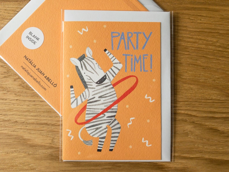 Dancing Zebra Birthday Card / Funny Animal Illustration / Kids Birthday Card / Hula Hoop Illustrated Card image 3