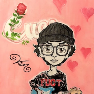May include: A hand-painted illustration of a person wearing a black beanie and glasses, holding a blue electric guitar. The person is wearing a black shirt with the word "FUCT" printed on it. The background is pink with hearts and a rose.