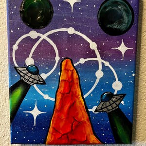 Hand painted Sci-art painting 70s-80s style UFO art alien art