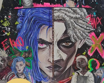 May include: Black denim jacket with a hand-painted design featuring characters and text. The artwork includes figures with blue and white hair, and the word "BOOM" in pink. The jacket has a unique, artistic style.