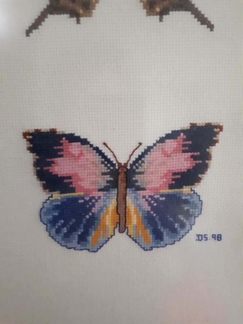 A pair of framed butterfly embroidery