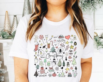 Christmas Shirts, Christmas Little Things, Doodles, XMAS Favorites Christmas Trees,Holiday T-Shirt For Women,Kids Toddler Baby Matching Gift