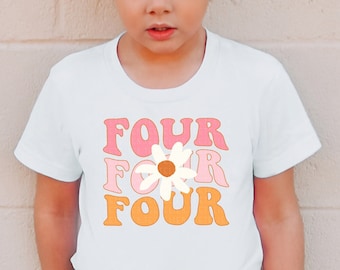 May include: A white t-shirt with a pink and orange graphic that says "FOUR FOUR FOUR" with a white daisy in the middle of the word "FOUR".