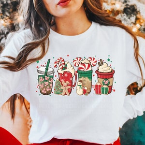 Winter Coffee Long Sleeve Shirt Cute Christmas Shirt Mouse Ears Coffee Lover Peppermint Latte Drink Cup Gingerbread Candy Cane Xmas Gift