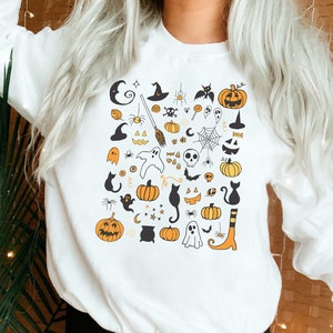 Halloween Doodles Sweatshirt Halloween Little Things Witch Pumpkin Long Sleeve Halloween Pullover Cute Spooky Crewneck Sweater Plus Size