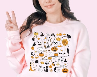 Halloween Sweatshirt Original Halloween Doodles Sweatshirt Halloween Little Things Shirt Witch Pumpkin Cat Halloween Spooky Season Plus Size