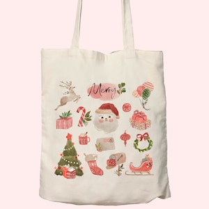 K&ouml;nnte beinhalten: Eine wei&szlig;e Canvas-Tragetasche mit Weihnachtsmotiv. Die Tasche zeigt eine rot-gr&uuml;ne Illustration von Weihnachtsmann, Weihnachtsbaum, Rentier, Geschenken und anderen Weihnachtssymbolen. Der Text "Merry" ist in Pink auf der Tasche geschrieben.