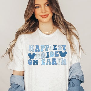 Happiest Bride On Earth Shirt Just Married Tee Engagement Trip Shirts Colorful Vacay T-Shirts Retro Honeymoon Vacation Shirts Mouse Ears