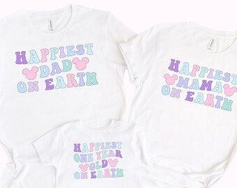 Happiest One Year Old On Earth Shirt 1st Birthday Tee Cute Pastel Mouse Ears First Birthday Retro T-Shirt Baby Outfit Gift Matching Mama Dad