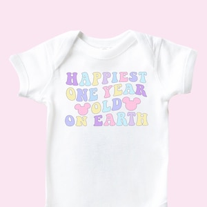 Happiest One Year Old On Earth Shirt 1st Birthday Tee Cute Pastel Mouse Ears First Birthday Retro Colorful T-Shirt Baby Bodysuit Outfit Gift