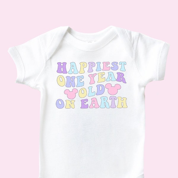 Happiest One Year Old On Earth Shirt 1st Birthday Tee Cute Pastel Mouse Ears First Birthday Retro Colorful T-Shirt Baby Bodysuit Outfit Gift